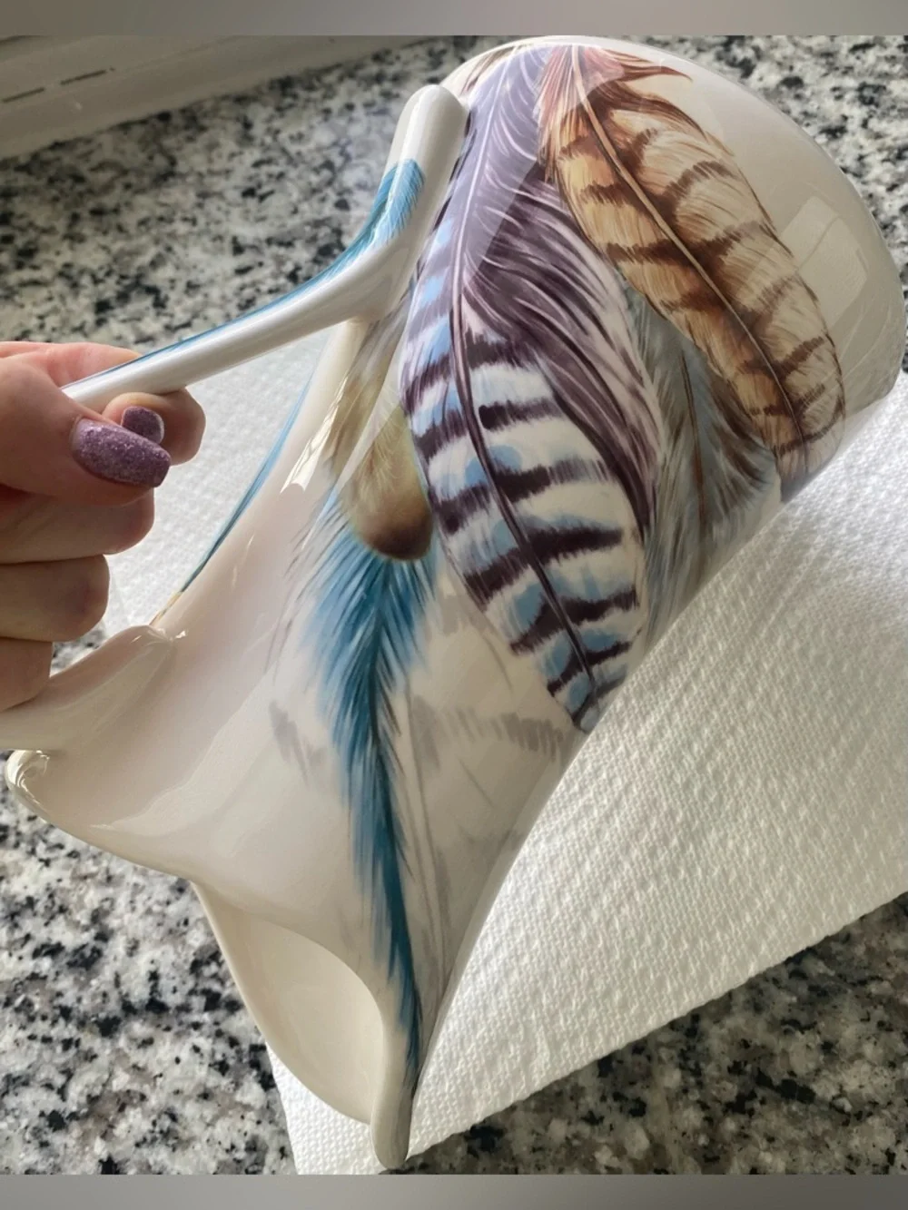 •NWOT•Pier 1 Imports Ironstone ‘FEATHER’ Large Ceramic Handled Water Pitcher